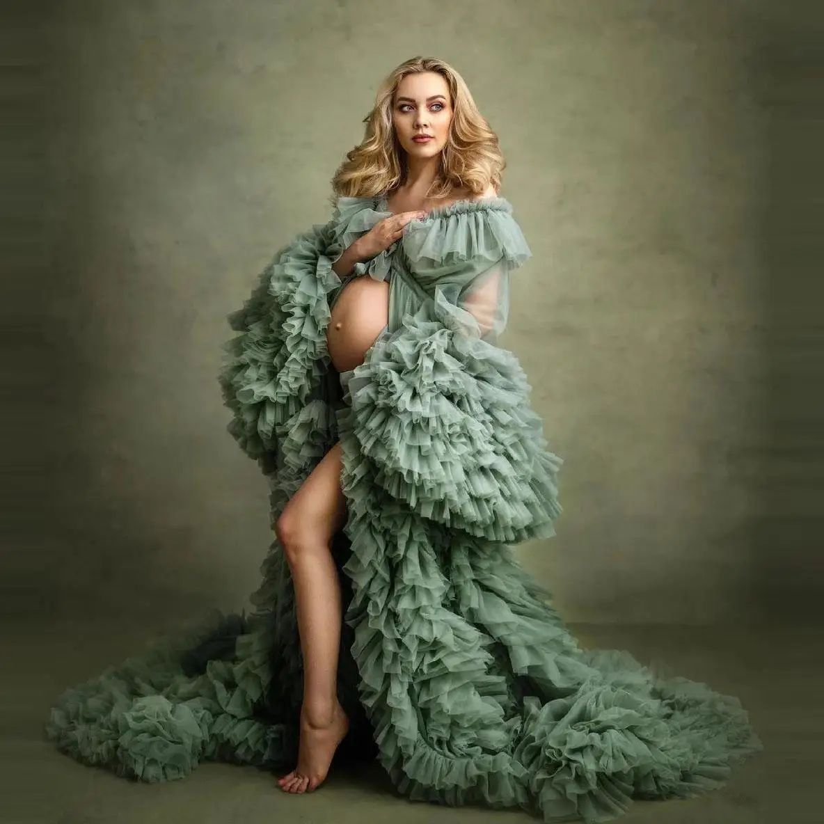 

Ruffle Prom Dress Maternity Robes for Photo Shoot or Baby Shower Tulle Chic Women Plus Size Long Sleeve Photography Robe