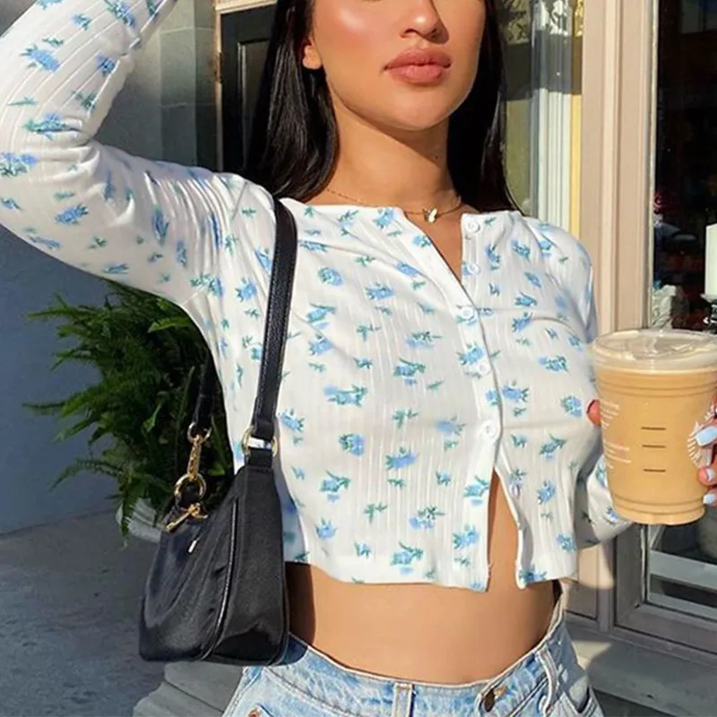 Женский укороченный топ FSDA белая Базовая футболка с длинным рукавом и цветочным