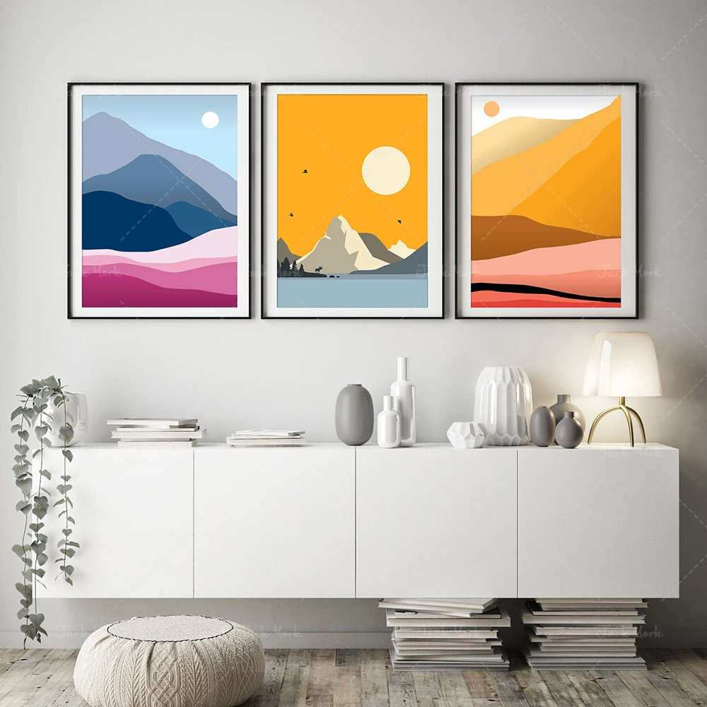 

Minimalist Sunrise Sunset Scandinavian Landscape, Abstract Mountain Hills Set, Colorful Scenery, Blue Lake, Abstract Panorama