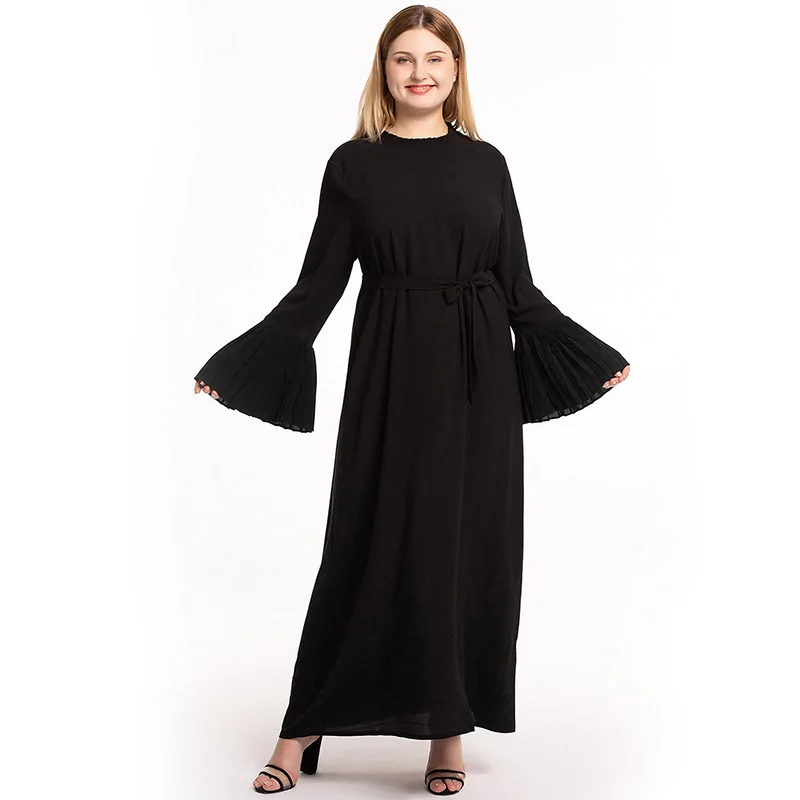 5XL размера плюс, длинные халаты, женское мусульманское длинное платье, плиссированное, с длинным рукавом, с поясом на талии, одноцветные, Средний Восток, рамаданс, платье абайя - Цвет: Черный