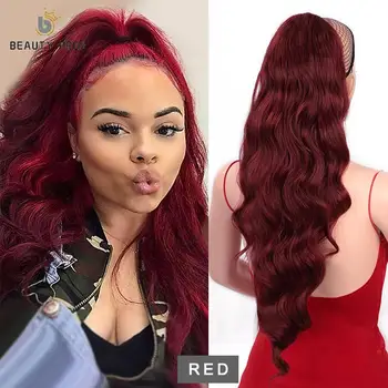 

BEAUTYPROS 22 26inch Long Wavy Ponytail Hair Synthetic Drawstring Ponytail Clip in Hairpiece Black Wave Ponytail for Women