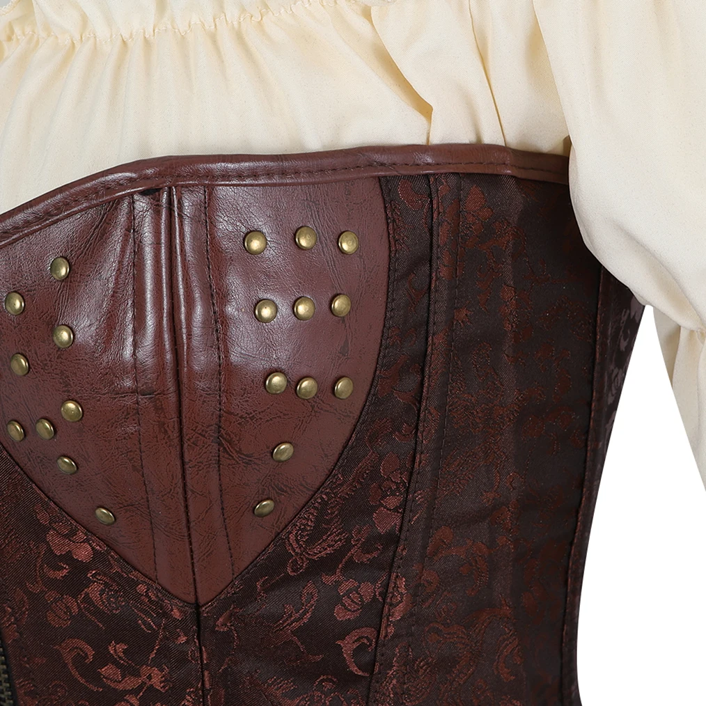 Woman Steampunk Locking Corset Dress, Medieval Straps Leather Pirate Skirt Sets, Zipper Overbust Corset Halloween Sexy Costumes