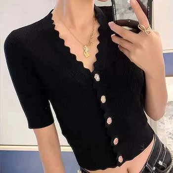 

Women cardigan wild V-neck short single-breasted Half sleeve slim knit cardigan coat top