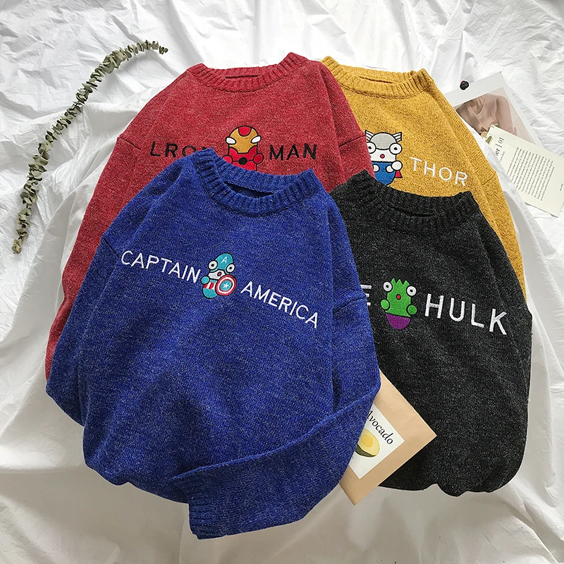 Зимний свитер мужской теплый модный мультфильм вышивка одноцветная Повседневная О-образным вырезом вязаный пуловер Мужской уличная дикий свободный свитер