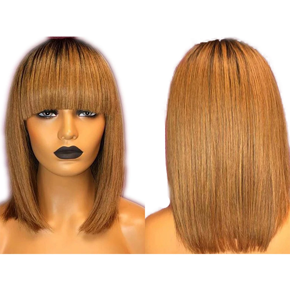 SimBeauty Honey Blonde 13x4 Lace Front Wigs Fringe Wig Peruvian Remy Ombre Wig Short Bob Wig Straight Human Hair Wigs With Bangs
