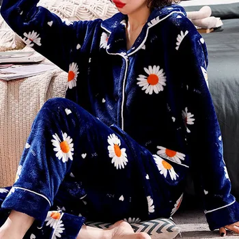 

Autumn Winter Flannel Pajama Set Floral Print Women Long Sleeve Loose Top Elastic Waist Thick Warm Homewear Ladies Lounge Wear