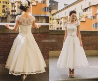 Retro Vintage Wedding Dresses Illusion Neck Cap Sleeves Lace Beads Buttons Short Ankle Length Sash OrganzaBridal Gown Customized 1