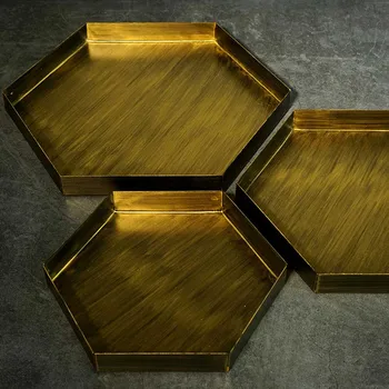 

Retro Golden Hexagon Storage Tray Office Table Sundries Organizer Tray Chic Cupcake Candy Tea Set Metal Plate