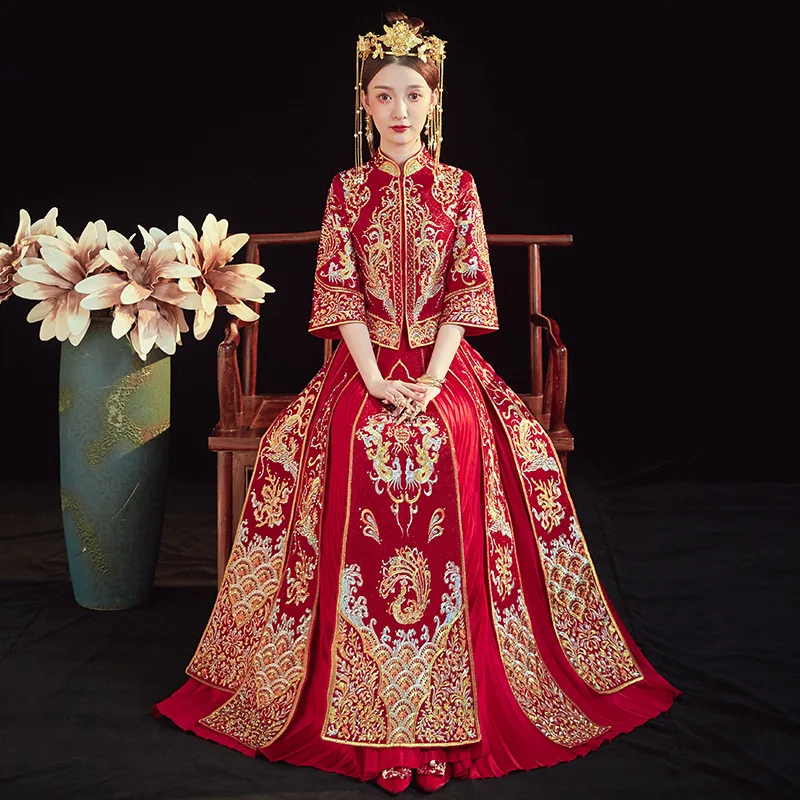 

FZSLCYIYI Chinese Women Embroidery Phoenix Cheongsam Wedding Dress Vintage Slim Classic Toast Qipao Suit Noble Marriage Gift