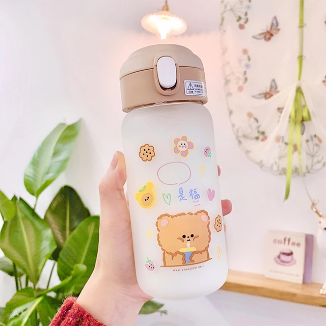 Kawaii Glass Water Bottle With Straw and lid Cartoon Frosted Leakproof  Drinkware Bottle Portable Camping My Bottle Children Kids - AliExpress