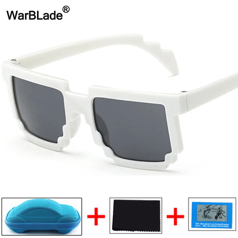white bulecase Модные детские солнцезащитные очки WarBLade, детские солнцезащитные очки меньшего размера, мозаичные очки для мальчиков и девочек, квадратные очки с пикселем, чехол - Цвет линз: white bulecase