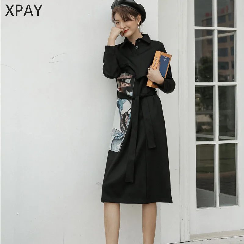 

2020 new Winter Black Knitted Collar Dress Women elegant Long Sleeve Lace Up Patchwork Polo Designer Dress Ladies Long Dresses