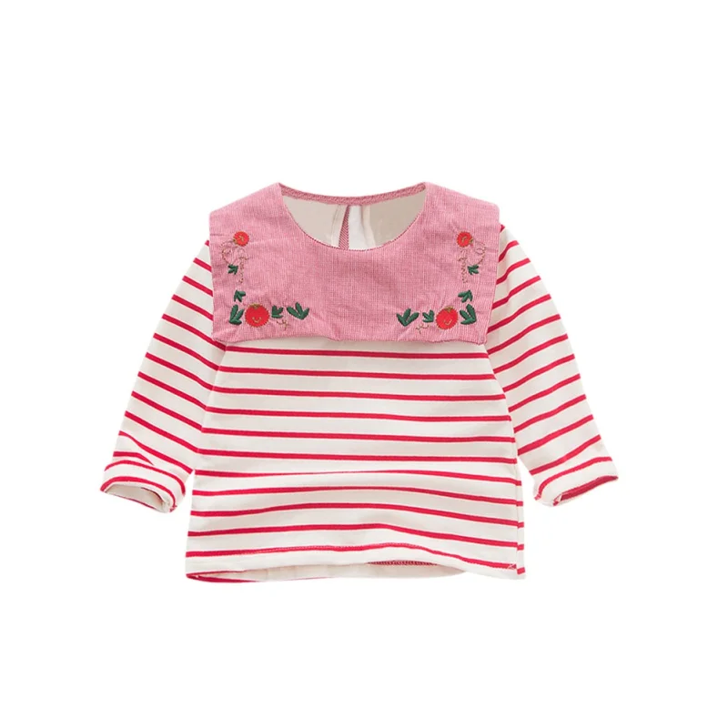 Новая Осенняя модная Clothes2-9T для маленьких девочек Милая полосатая футболка с длинными рукавами и вышивкой для маленьких девочек детская блузка