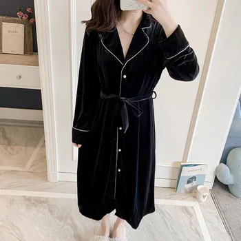 

Young Lady Black Velour Sleepwear Full Sleeve Home Clothing With Belt Intimate Lingerie Autumn Winter Velvet Nightgown
