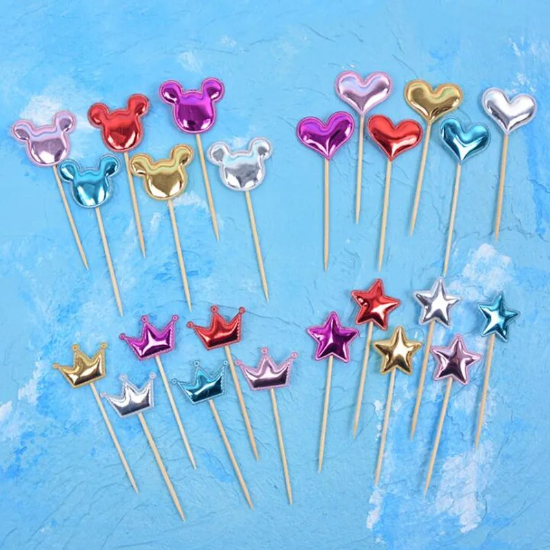 

5pcs Colored Heart Shape Crown Cupcake Toppers PU Insert Cards with Toothpick Wedding Birthday Party Gifts Cake Decorations