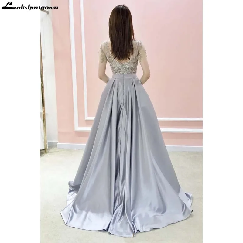 Royal Grey Vintage Evening Gown Satin A-Line Bateau Short Sleeve Beaded Sweep Train Prom Dress With Pockets Dress Long Evening