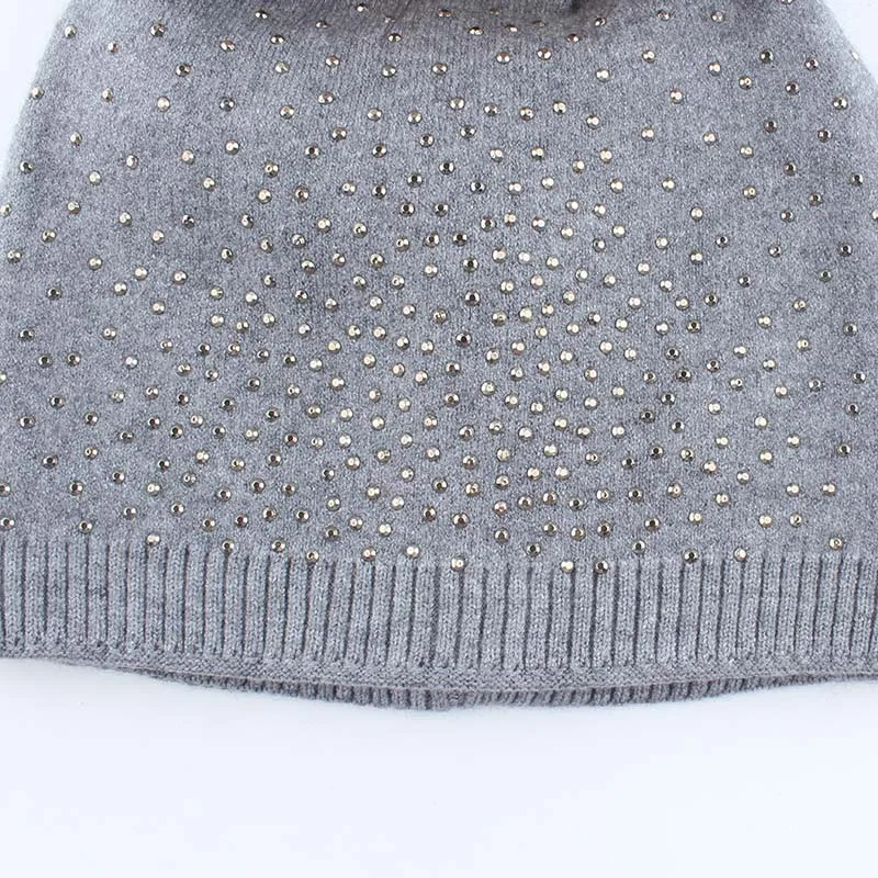 Женские зимние шапки со стразами Skullies Beanies для дам большой настоящий помпон из меха енота Шапка кашемировая шерсть вязаная круглая шапочка