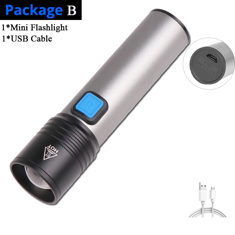 Package B 1200 мАч мини-фонарик Портативный светодиодный фонарик USB Перезаряжаемый домашний водонепроницаемый фонарик 4 режима встроенный аккумулятор для сна - Испускаемый цвет: Package B