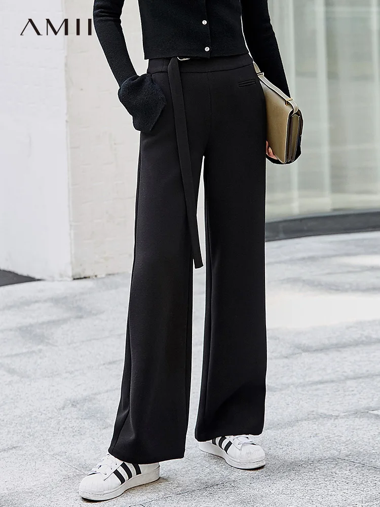 

Amii minimalist Korean temperament woven casual pants 2019 autumn new long belt high waist wide leg trousers