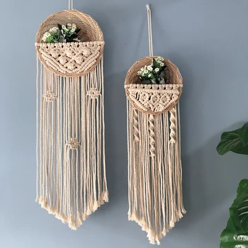 

Nordic style woven tapestry rattan wall hanging pendant flowerpot hanging basket rope Flower Room background wall deciration