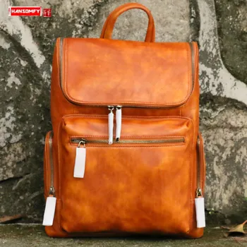 

New Vegetable Tanned Leather Men's Backpack Men Laptop Shoudler Bag Schoolbag Travel Backpacks Handmade First Layer Cowhide Soft