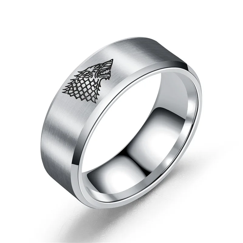 8MM Game of Ice Wolf Ring House Stark of Winterfell Men Ring Engraved Wolf Punk Vintage Rings punk rings,finger rings,fashion ring,fashion rings,metal rings