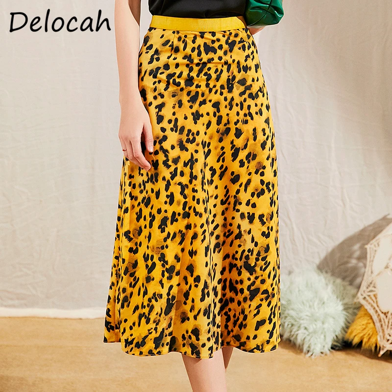 

Delocah Summer Women Fashion Runway Midi Skirts High Waist Glamorous Leopard Printed Elegant Female Big Swing A-Line Skirts 2020