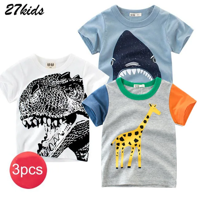 PFZUD B same picture 27kids 3pcs / lots 27kids 3pc garçons de modèle de dinosaure T-shirt pour enfants Tops bébé bébé vêtements de coton à manches courtes - Цвет: PFZUD B same picture