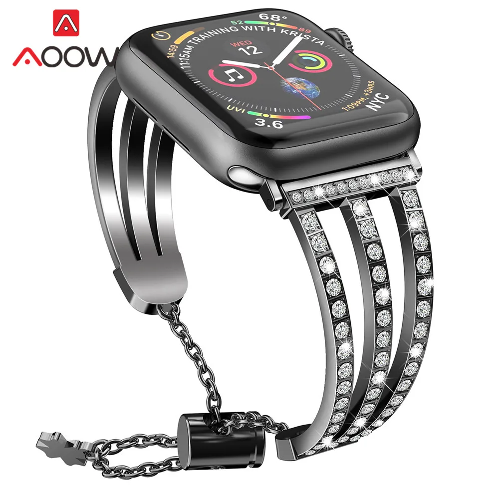 Black Браслет из нержавеющей стали с бриллиантами для Apple Watch 38 мм 42 мм 40 мм 44 мм женский ювелирный браслет ремешок для часов серии 4 3 2 1 - Цвет ремешка: Black