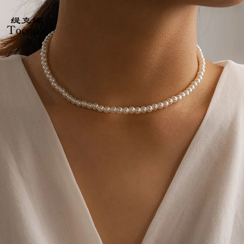 Tocona Luxury Pearl Stone Chian Choker Necklace for Women Charming Handmade Adjustable Party Sweater Jewelry Collar 15365