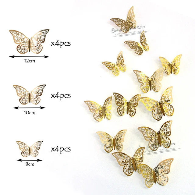 12Pcs 4D Hollow Butterfly Wall Sticker DIY Home Decoration Wall Stickers wedding Party Wedding Decors Butterfly Kids Room Decors gold 1