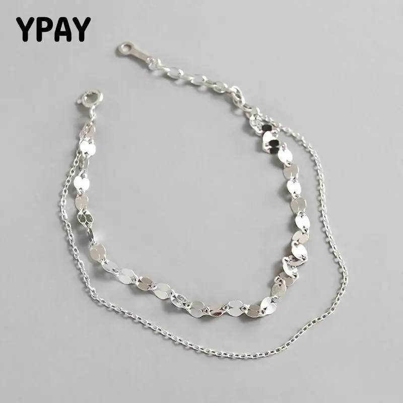 

YPAY Genuine 925 Sterling Silver Bracelets 2019 Unique Tile Chain Bracelet For Women Double Chain Fine Jewelry Pulseira YMB085