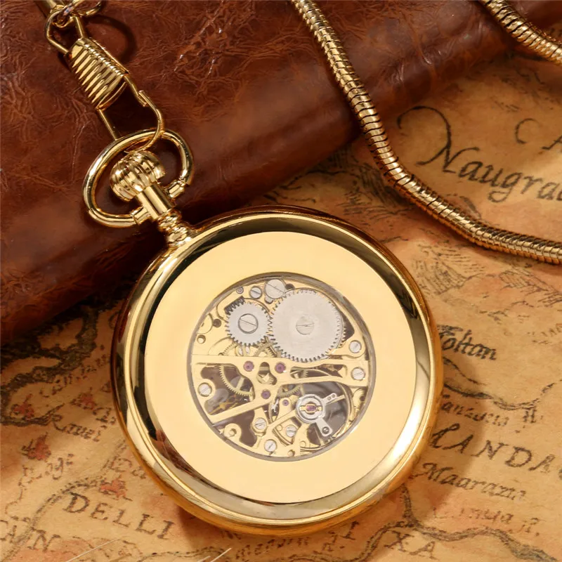 Luxury Yellow Golden Skeleton Display Men Women Handwind Mechanical Pocket Watch Open Face Roman Numeral FOB Chain