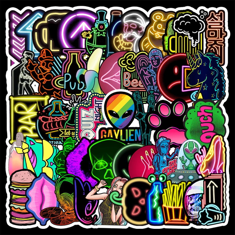 

53pcs Cartoon Neon Lights Stickers for Laptop Car Phone Computer Luggage Bike Motorcycle Cartoon Pvc Adesivi Waterproof Sticker