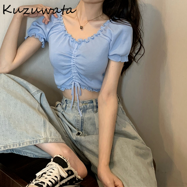 V Neck Short Sleeve Multicolor Shirt Drawstring Design Slim Fit Short Pull Femme Summer 2022 New Sueter Mujer Ol