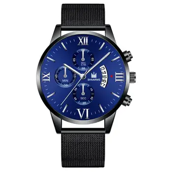 

Fashion Blue Dial Business Watch Stainless Steel Mesh Band Quartz Watches Black Military Sport Man Wristwatch Relogio Masculino