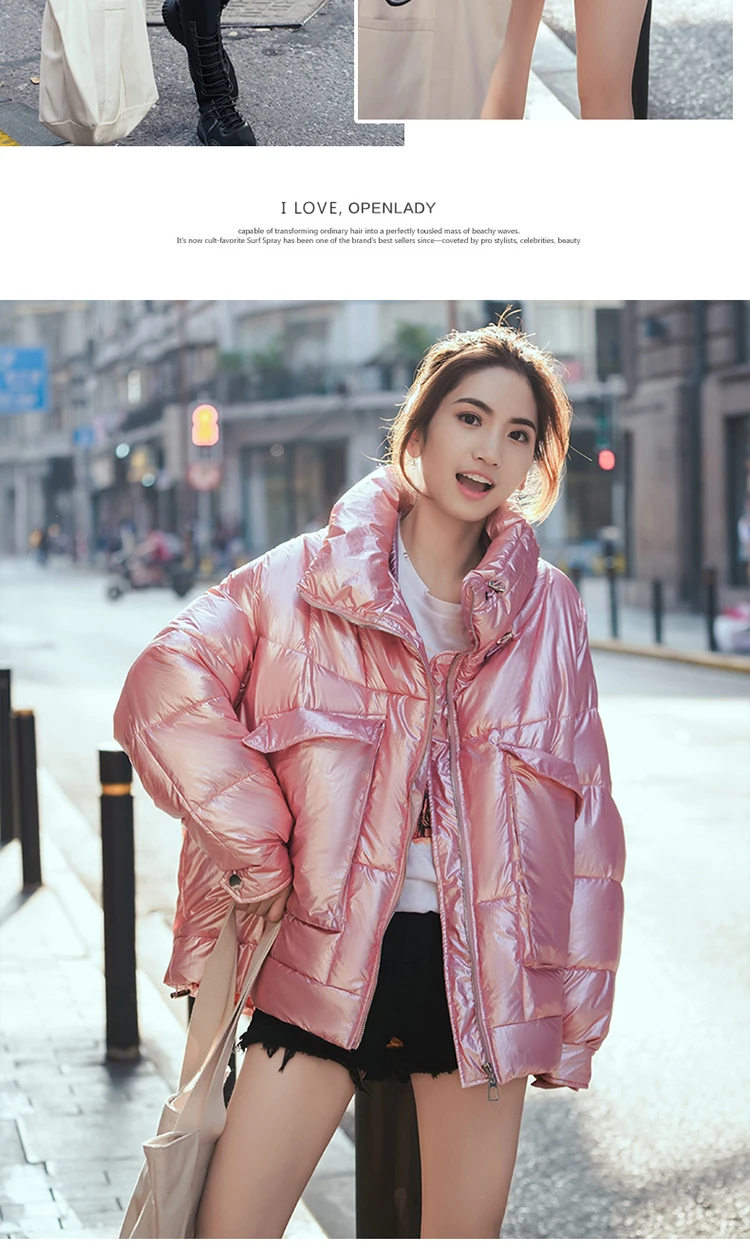 Zipper Reflective Winter Coat Women Glossy Pocket Loose Female Jackets Streetwear Parka Jacket Casacas Para Mujer Korean Outwear