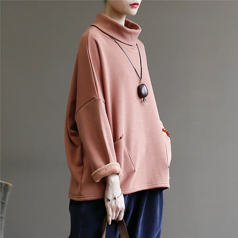 QPFJQD Ladies Turtleneck Pullover Sweatshirt Spring Autumn Long Sleeve Cotton Women Clothes Warm Winter Casual Pocket Sweatshirt