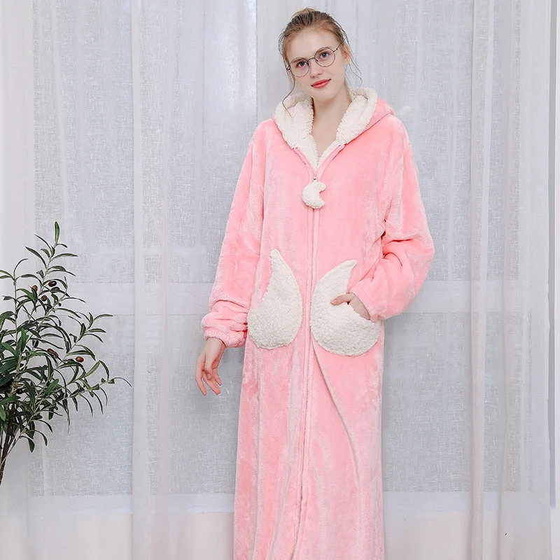 

Wholesale Women Star Pocket Hooded Long Robe Autumn And Winter Couple Nightgown Thickening Robes