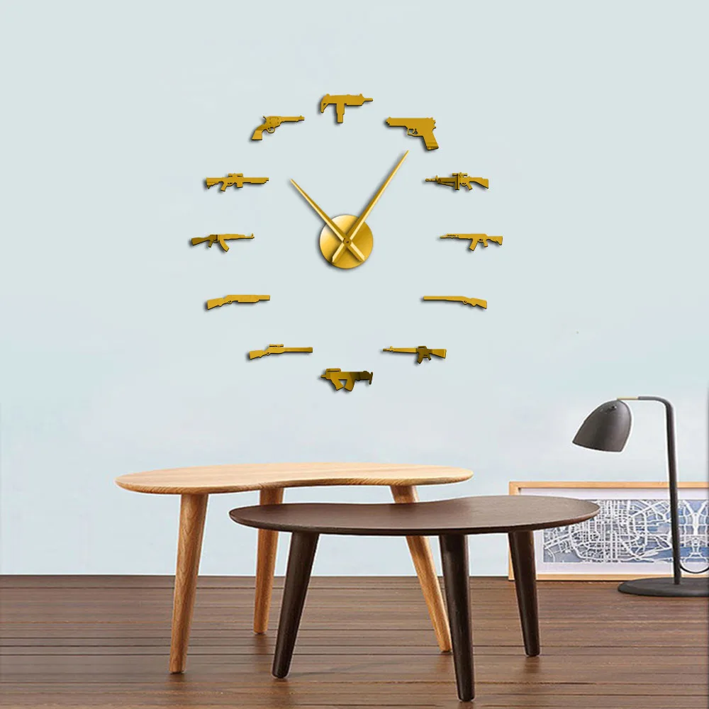 Оружие СТРЕЛЬБА DIY гигантские настенные часы домашний декор часы пистолет дизайн большие настенные часы зеркальный эффект настенные наклейки часы для детей