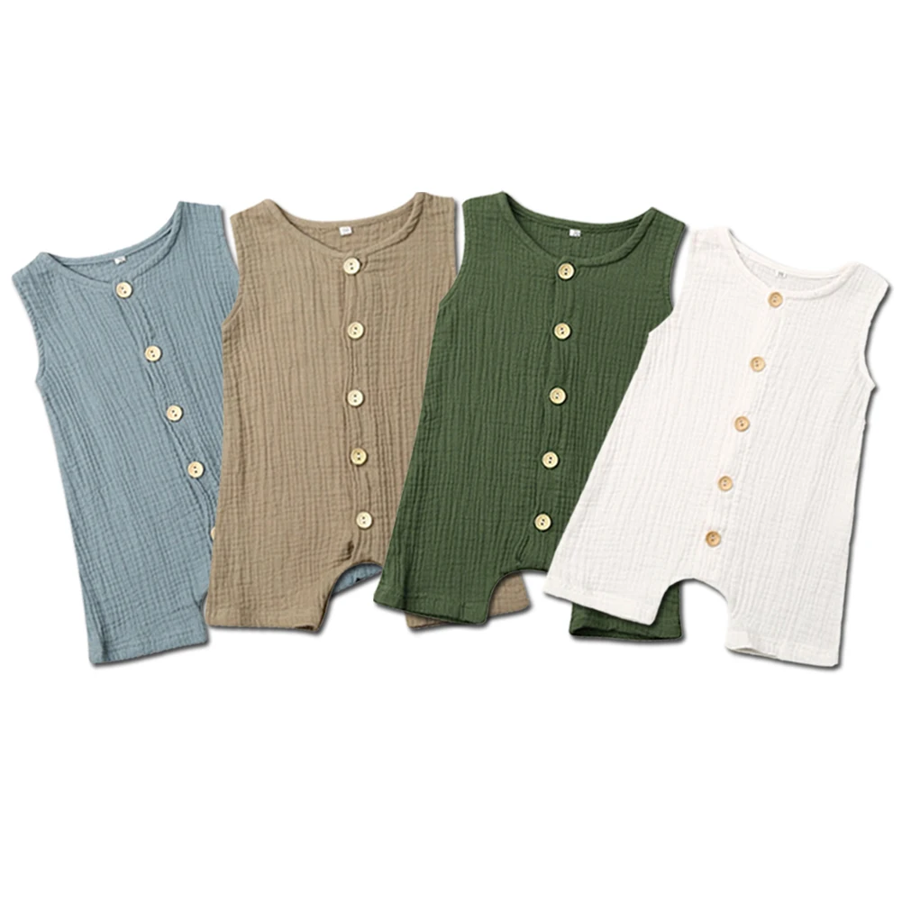 Брендовые новые детские комбинезоны для новорожденных мальчиков и девочек на пуговицах без рукавов Песочник Комбинезон хлопковый льняной однотонный без рукавов модный хит
