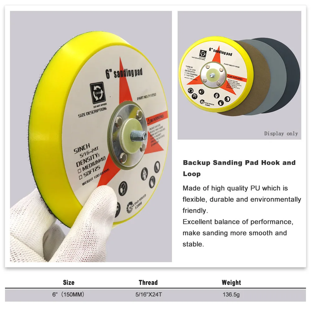 6-Inch 150mm Pneumatic Grinding Disc M8 Thick Yellow Grinding Disc Car Metal Hook&loop Self-Adhesive Pad