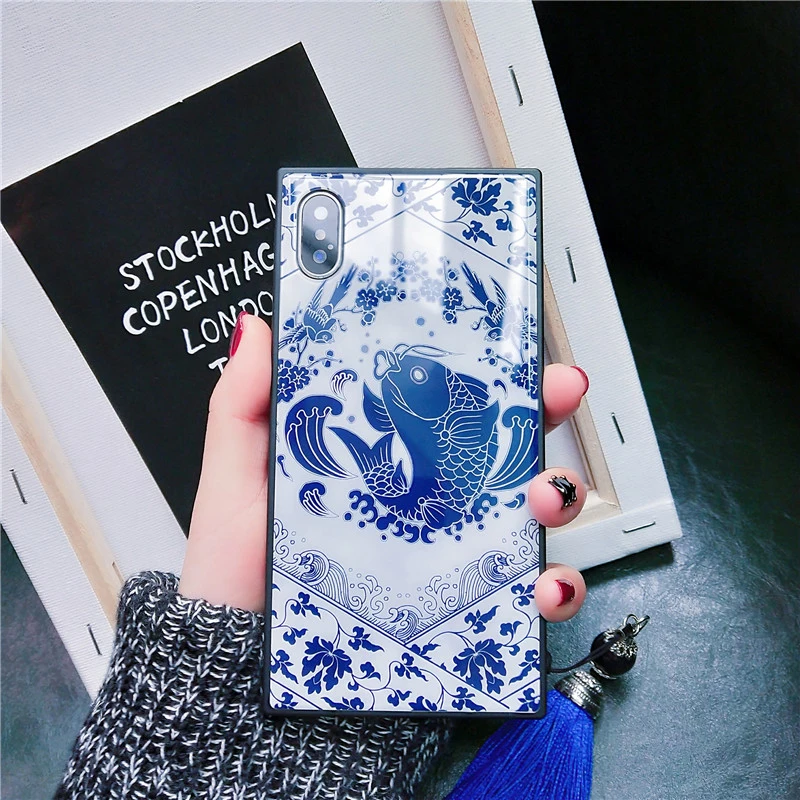 Чехол из закаленного стекла для iPhone 12 Mini 11 Pro Max XS XR X 8 7 Plus SE 2020 с китайским сине