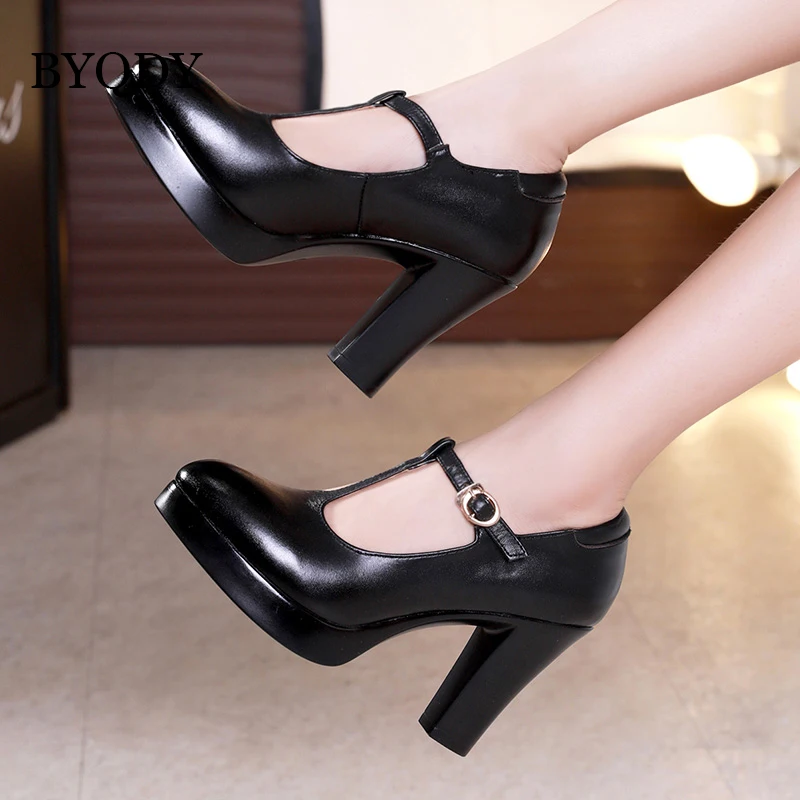 Bild von BYQDY Fashion Office Lady High Heel Shoes PU Leather Round Toe Shoes T-Strap Platform Hoof Heels Pumps Shoes Plus 42 For Party