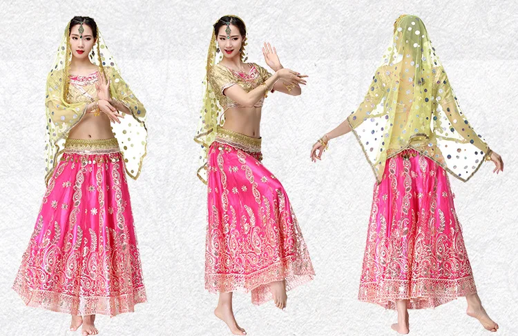 Танец живота Болливуд костюм индийские платья для женщин танцевальный костюм топы представление вуали 4 шт. Комплект Топ пояс Юбка Сари