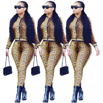 

2019 autumn and winter European and American classic round neck fashion leopard long-sleeved two-piece suit women