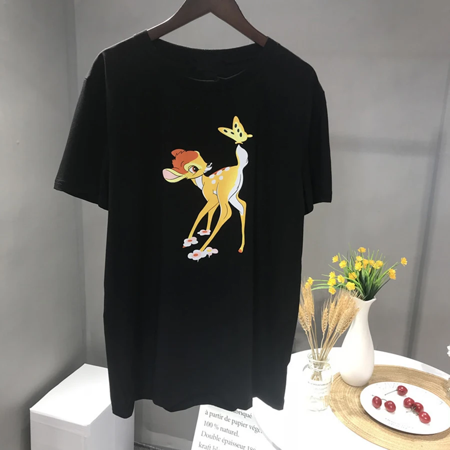Summer New Arrive Luxury Brand Women T-shirt Fawn Butterfly Print Pattern Letter Print Design Short Sleeve Top