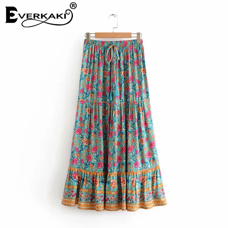 Everkaki Boho юбки с принтом женские осенние регулируемые пояса цыганские винтажные женские длинные юбки Vestidos Для женщин Зима Новинка