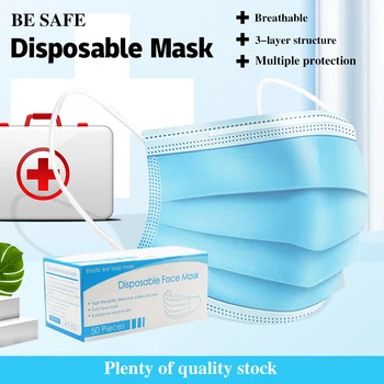 

50pcs Disposable Mask Face Mask 3 Layer Non Woven Mouth Masks Dustproof Earloop