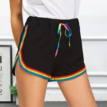 

Rainbow Print Lace Up High Waist Casual Shorts Ladies Beach Hot PantsElastic Waist Beach Shorts Sports Shorts Women Summer